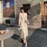 Drespot Elegant Lace Long Sleeve Midi Dress Winter White Women V-neck Korean Dress Spring One-piece Evening Lady Party Fairy Dress  D25