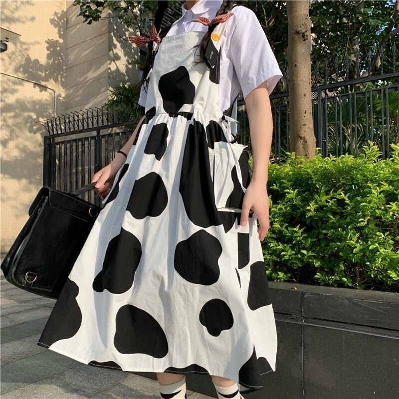 Drespot Women's Kawaii Cow Print Dress Lolita Milk Cute Sundress Japanese Harajuku Style Cute Kawaii Lolita Dress Outfit Mori Girl