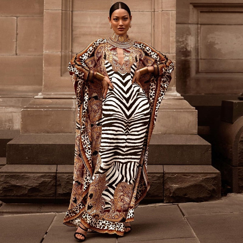 Indie Folk Zabra Striped Pattern Patchwork Bathing Sleeve Maxi Dress For Women Clothes Plus Size Streetwear Moroccan Caftan A526