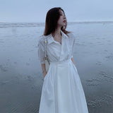 Vintage Solid Shirt Dress Korean Turn Down Collar Work Maxi Dresses for Women White Loose Casual Long Woman Dress Autumn