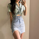 Korean Style White Solid Turn-down Collar Shirt Women Twist Button-up Short Sleeve Casual Basic Crop Top Tee Office Top Iamhotty