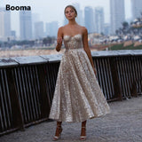 Drespot Glitter Sequin Lace Prom Dresses Sweetheart A-Line Short Prom Gowns Open Back Sleeveless Tea-Length Formal Party Gowns