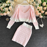 Drespot  Korean Sweet Knit Plaid Cardigans + Camisole + Skirts 3pcs Sets Girls Short Sweater Coat + Vest + Mini Skirt Suits Women Outfits