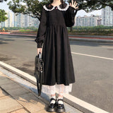 Drespot  Kawaii Lace Patchwork Dress Women Autumn Long Sleeve Preppy Style Sweet Dresses Black Lolita Peter Pan Collar Goth