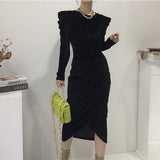 Drespot Spring Women Velvet Midi Dress Vintage Elegant Slim Waist Black O-Neck Long Sleeve Vestido Feminino Party Dress
