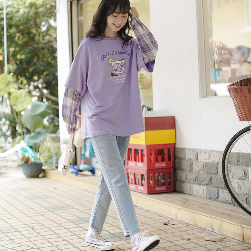 Drespot Oversized T Shirt Women Purple Lilac Tshirts Spring  Fashion Korean Style  Long Sleeve Loose Casual Women Clothing