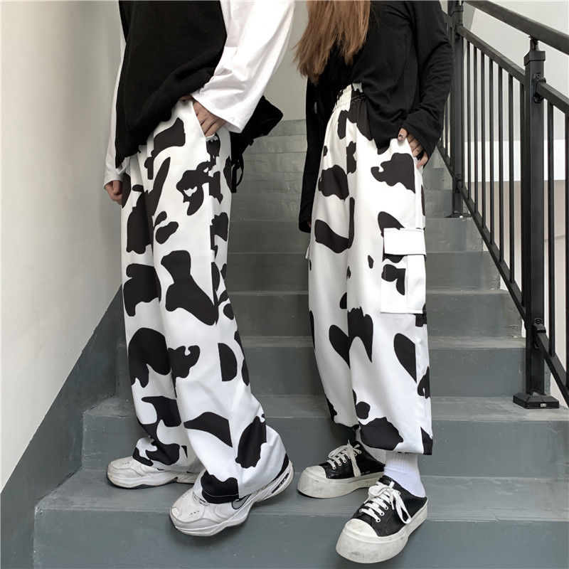 Drespot Winter Cow Print Pants Women Korean Style Fashion Milk Palazzo Pants Harajuku Wide Cargo Pants Straight Trousers Women