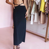 Fashion High Waist A Line Maxi Skirt Gothic Women Black Lace Up Streetwear Casual Party Slim Skirt Y2K  Streetwear Skirts