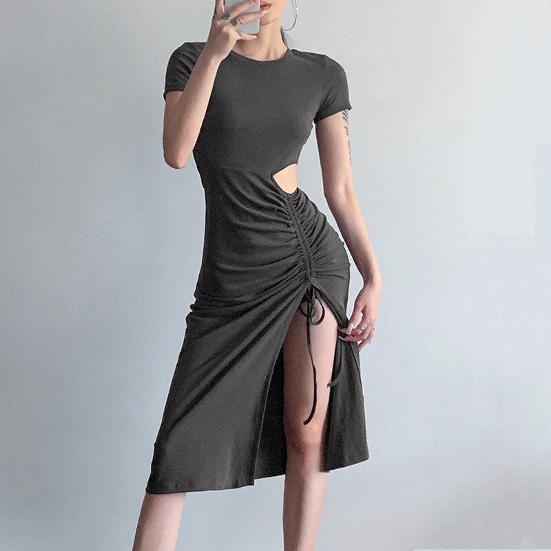 Summer Hollow Out Short Sleeve Midi Dress Women Ruched Lace Up Drawstring Sexy Dresses Femme Side Split Slim Fit Vestidos Mujer