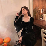 Drespot Vintage Velvet Black Dress Women Retro Elegant Wrap Badycon Square Collar Midi Dress for New Year  Button Spring
