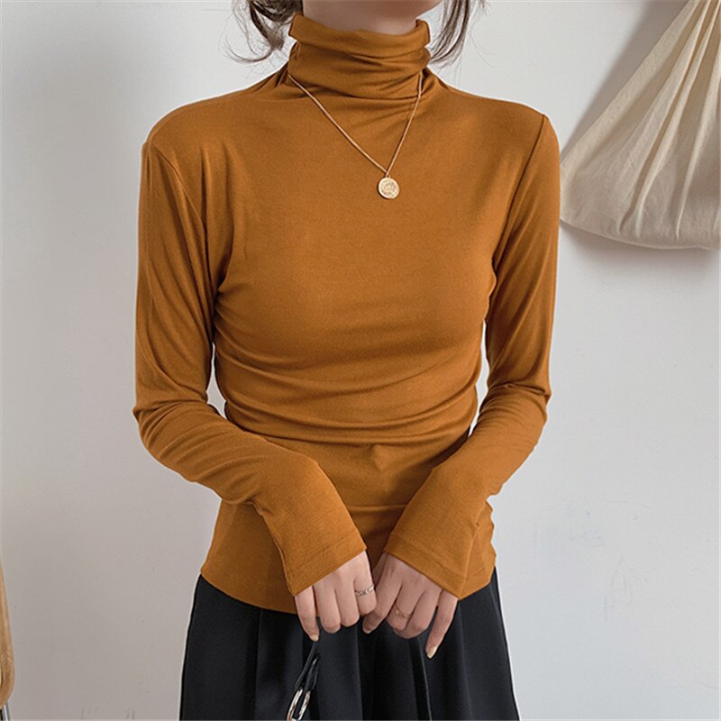 Drespot  New Winter Velvet T-shirts Vintage Classic Turtleneck Long Sleeve Slim Minimalism Solid Color Warm Pullovers Tops