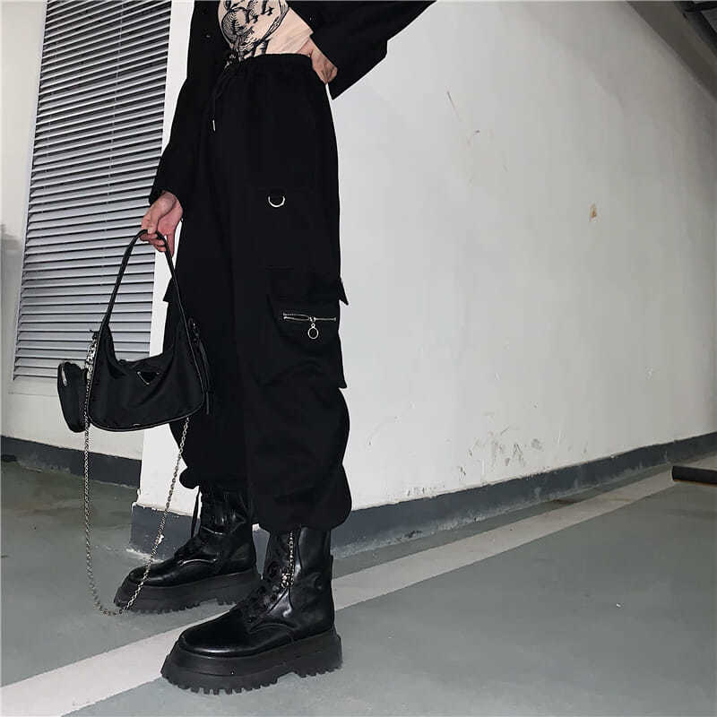 Deeptown Techwear Black Cargo Pants Women Punk Streetwear Hippie High Waist Korean Style Oversized Trousers Female Sweatpants