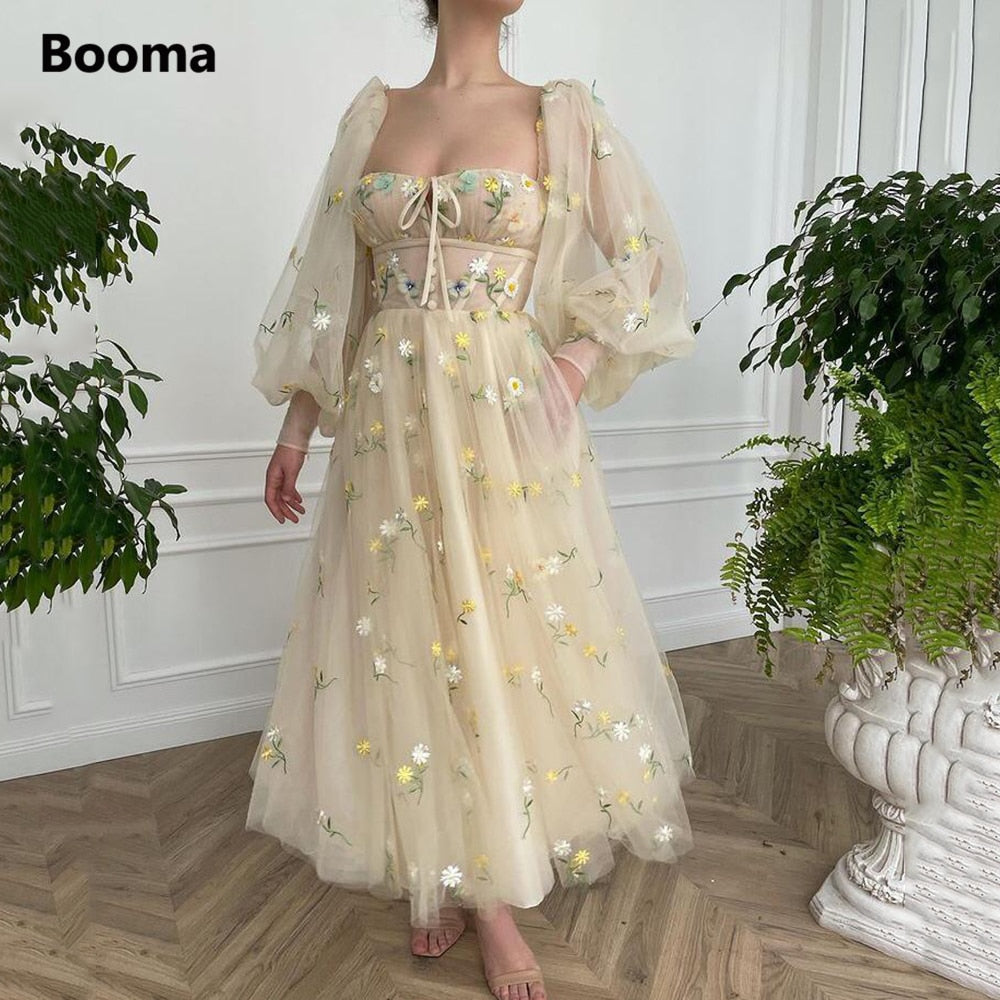 Drespot Beige Square Neck Prom Dresses Long Puff Sleeves Embroidery Tulle Prom Gowns A-Line Ankle-Length Wedding Party Dresses