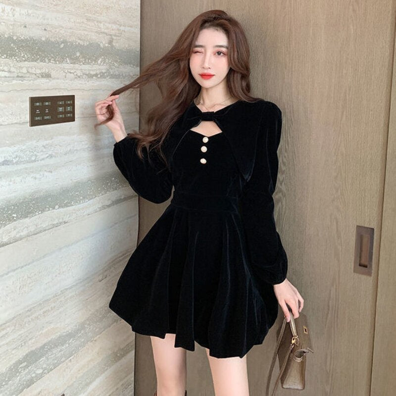 Black Vintage Mini Dress Women Elegant Sexy Hollow Out Long Sleeve Dresses Autumn Winter Golden Velvet Party Outfit