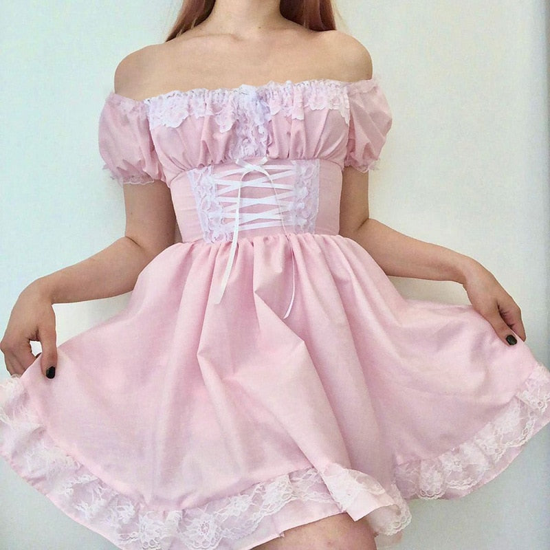 Lace-up Corset Dress Pink Puff Short Sleeve Slim Pleated Lolita Kawaii Dresses Japanese Fairycore Aesthetic Outfit Y2K