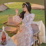 Autumn Vintage Floral Dress Women Elegant Print Slim Party Midi Dress Female Temperament Korean Style Designer Fairy Dress