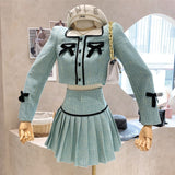 Drespot  Small Fragrance Tweed 2 Piece Set Women Bow Short Jacket Coat + Skirt Suits Korean Sweet Outfits French Vintage Two Piece Sets