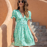 Summer V-Neck Floral Print Midi Dress Women Ruffle Short Sleeve Button Dresses Ladies Fashion Beach Holiday Sundress  Robe