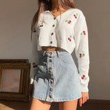 Drespot Thanksgiving Soft Girl Pink Cherry Cardigan Cute Embroidered Crop Knit Sweater Aesthetic Y2K Clothes