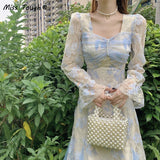 Autumn Vintage Floral Dress Women Lace Patchwork Fairy Designer Dress Female Casual Korean Fashion Elegant Party Midi Dress