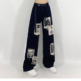 Drespot Grunge Punk Patchwork Black Jeans Women Hip Hop Streetwear Print Oversize Wide Leg Trousers 90S Vintage Fashion Pants