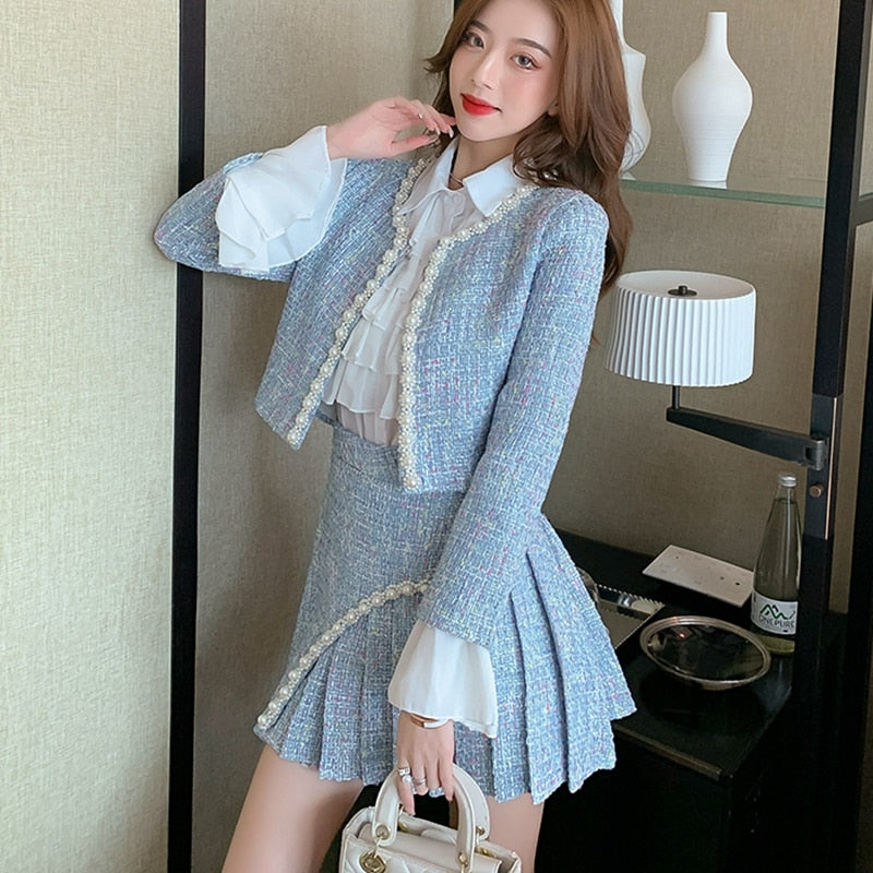 Drespot   Autumn Korean Sweet Tweed Two Piece Set Women Woolen Short Jacket Coat + Pleated Skirt Set Female Beading Two Piece Outfits