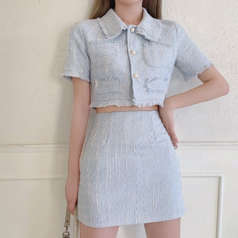 Drespot  High Quality Female Elegant Skirt Suit  New Fashion Tweed Two Piece Set Women Crop Top Mini Skirt Set Two Piece Outfits