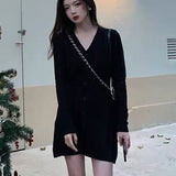 Drespot  Autumn Winter  New Korean Fashion Casual Knitted Dress Women Single Breasted Long Sleeve Slim Waist Sweater Dress Vestidos