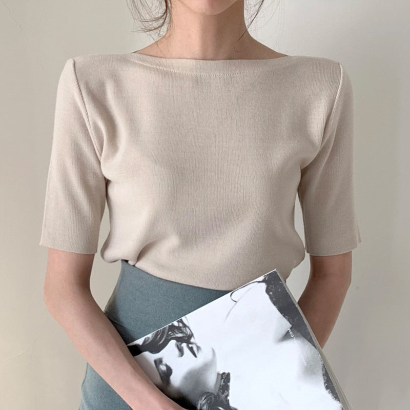 Drespot New Knit T-Shirt Women Femme O-Neck Korean Style Office Lady Summer Top Basic T-Shirt