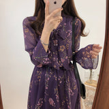 Drespot Vintage Maxi Dress for Women Party Long Sleeve Cute Sweet Japan Korean Chic Design Retro Floral Purple Bow Tie Dress Autumn