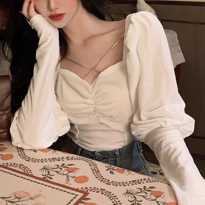 Drespot   Summer France Velvet Vintage Blouses Women Puff Sleeve Solid Y2k Tops Famales Chiffon Fashion Clothing Elegant Korea Style