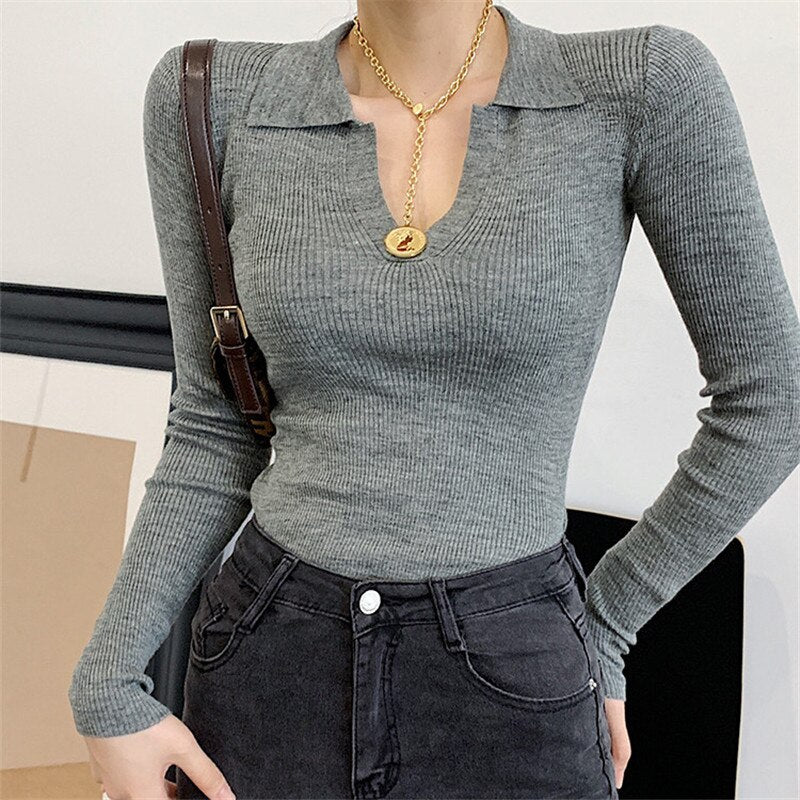 Drespot  New Women's Knitted Pullovers Vintage V Neck Long Sleeve Solid Color Basic Ladies Knitting Pullovers Sweater Female