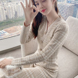 Drespot Vintage Button Plaid Sexy Sweater Woman Dress Elegant Korean Evening Long Sleeve V-Neck Maxi Dresses for Women Party Autumn