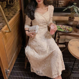Drespot Fairy Vintage Dress Women Evening Party Elegant Midi Dress Female Embroidery Floral Designer One-Piece Drees Korean  Spring