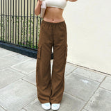 Drespot Cyber Y2K Low Rise Pants With Utility Pocket Brown Corduroy Trousers Women Grunge Aesthetic Streetwear