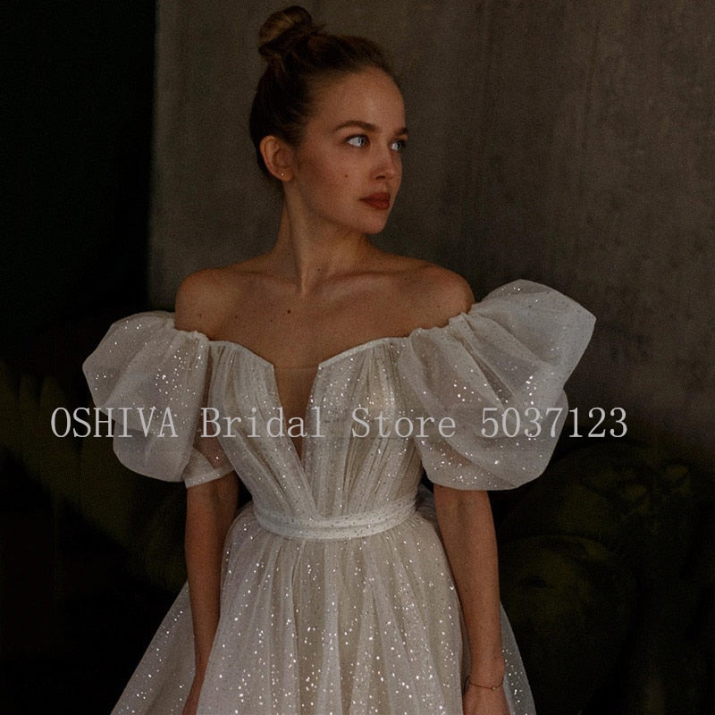Glitter A Line Two Pieces Wedding Dresses with Detachable Skirt Off Shoulder Short Puff Sleeves Bridal Party Gowns Princess