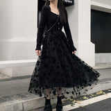 Drespot Gothic Black Dress Women Casual Vintage Knitted Midi Dress Party Elegant  Winter Y2k One Piece Dress Korean Fashion Outwear