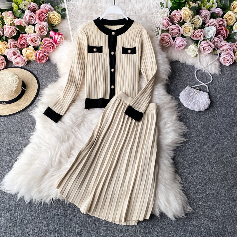 Drespot  High Quality  Spring Fall Knit 2 Piece Set Women Office Lady Single Breasted Sweater Cardigan + Pleated Long Skirt Suit Sets
