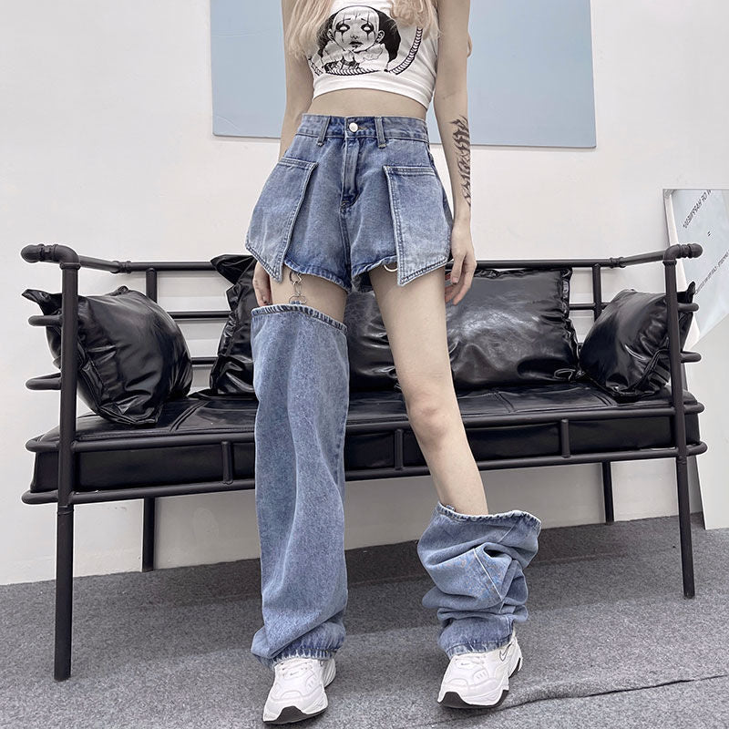 Drespot Jeans Women's Straight Tube Loose  Summer New Personality Detachable Shorts High Waist Retro Skinny Wide Leg Jeans