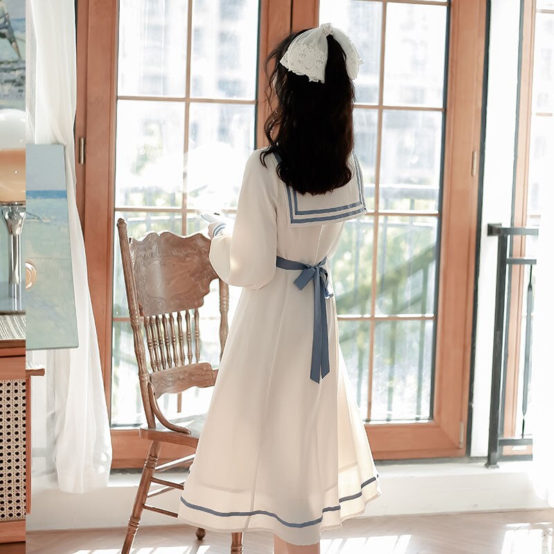 Drespot Kawaii Japanese Preppy Style Dress Bow Patchwork Sailor Collar Lolita Dresses Mori Girl Streetwear Elegant Vintage Robe