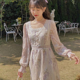 Drespot Vintage Evening Party Floral Dresses for Women Lantern Sleeve Midi Elegant Dress Female Sweet One Piece Dress Korean Autumn  D16
