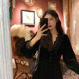 Drespot  French Vintage Dress Women Lace Velvet Black Elegant Party Dress Female Autumn  High Waist Long Sleeve Midi Gothic Dress