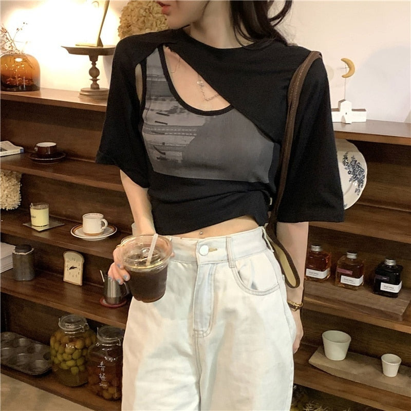 Drespot Y2k Crop Tops Ladies Korean Blouse Woman New Collection  Autumn Short Sleeve Short Tshirts Elegant Korean Style 2 Piece Set