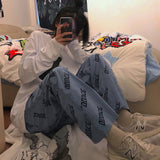 Drespot  Oversize Print Wide Leg Pants Women Korean Fashion Street Style Blue Joggers Trousers Female Harajuku Jogging Sweatpants