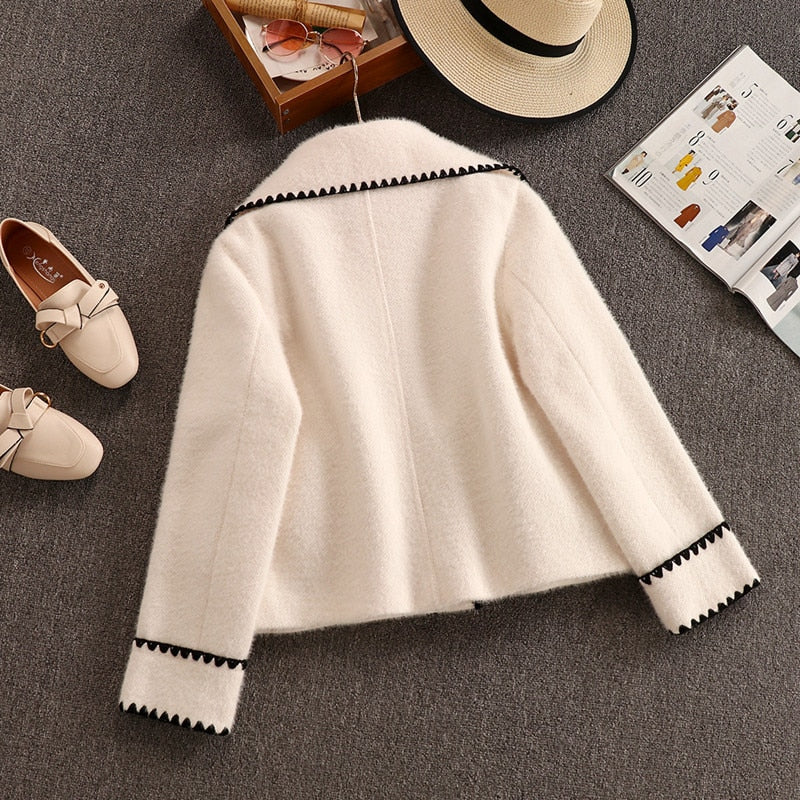 Drespot  High Quality Women White Bow Mink Jacket Coat For Female Slim Patchwork Pocket Outerwear Ladies Wool Short Coat Winter Clothes