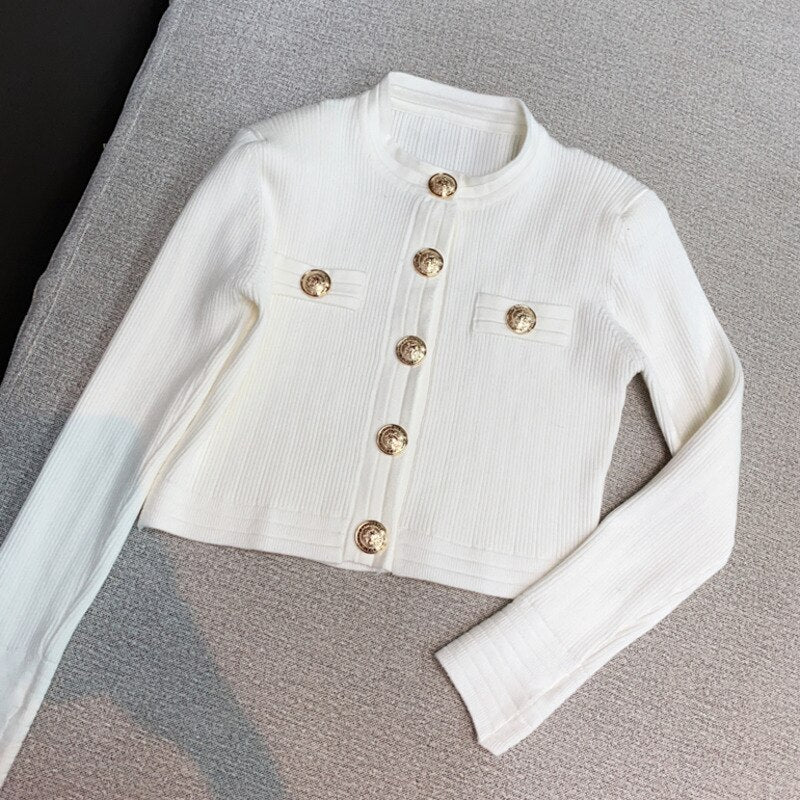 Drespot  Spring Autumn Korean Fashion Casual Elegant Button Long-Sleeved Knitted Cardigan Women Luxury Sweater Mujer Crop Top Pull Femme