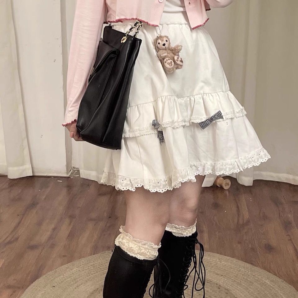 Japanese Lace Kawaii Lolita Skirts Women  Casual Cute College Style Skirt Female High Waist Korean Style Skirt Autumn Winter