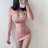 Drespot Sexy Cut Out Bodycon Dress Women  Fashion Korean Style Kpop Party Club Mini Dress Sheath Long Sleeve Night Outfis