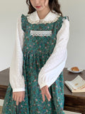 Autumn Floral Vintage Kawaii Midi Dress Women Green Print Princess Sweet Cute Dress Fairy Lace France Retro Suspender Dress