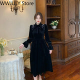 Drespot  Velvet One Piece Dress Korean Fashion Long Sleeve Black Y2k Midi Dress Evening Party Kawaii Clothing  Vintage Elegant Dress